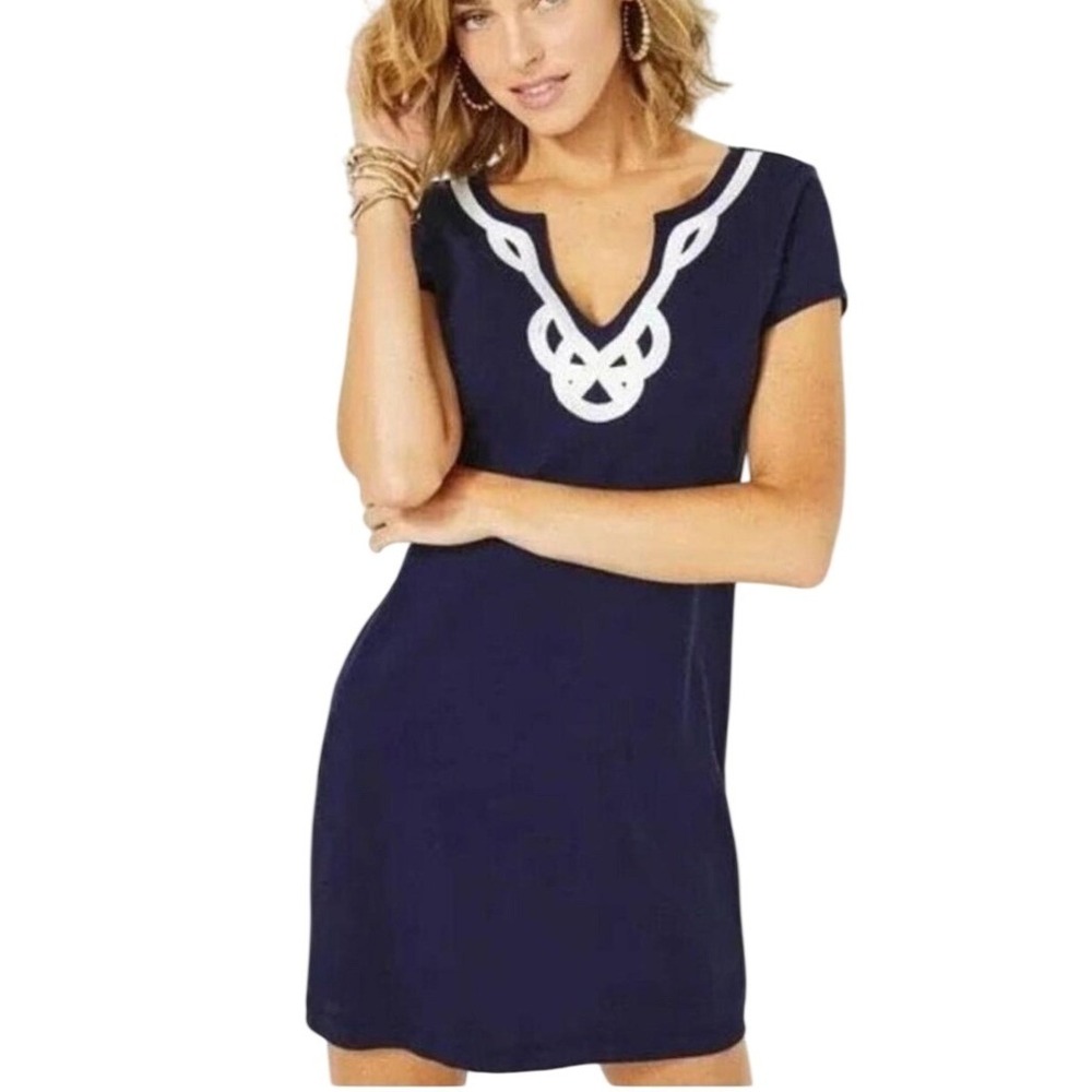 Lilly Pulitzer Marlowe Navy Blue Pima Cotton Braided Neck T-Shirt Dress Small